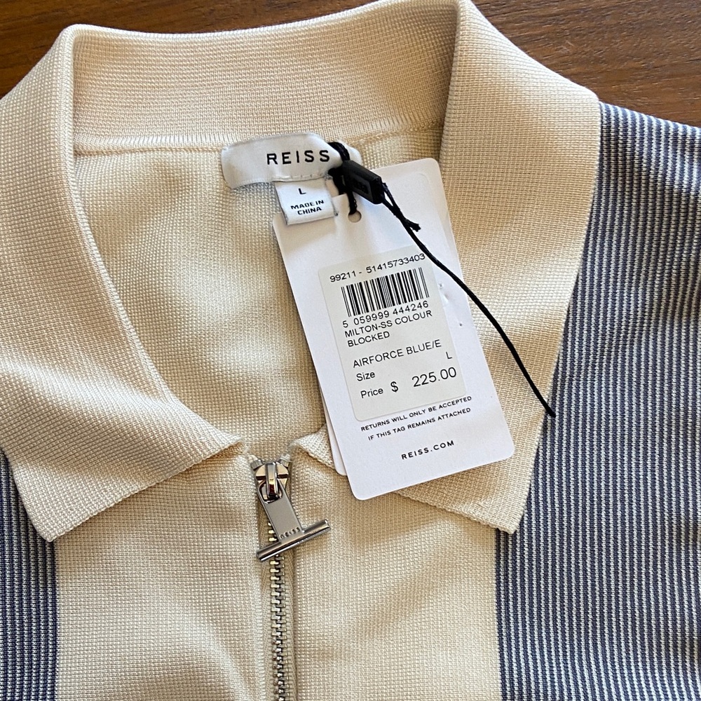 Reiss Blocked Stripe Zip Polo in Cream and Blue